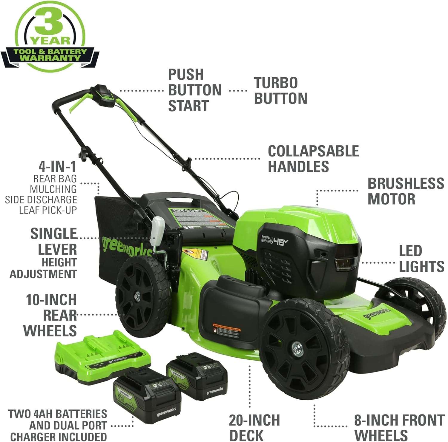 Greenworks 48V (2x24V) 20 Cordless Push Mower, 12 String Trimmer, 320 CFM Blower，10 Chainsaw，and 22 Hedge Trimmer Combo Kit - 2