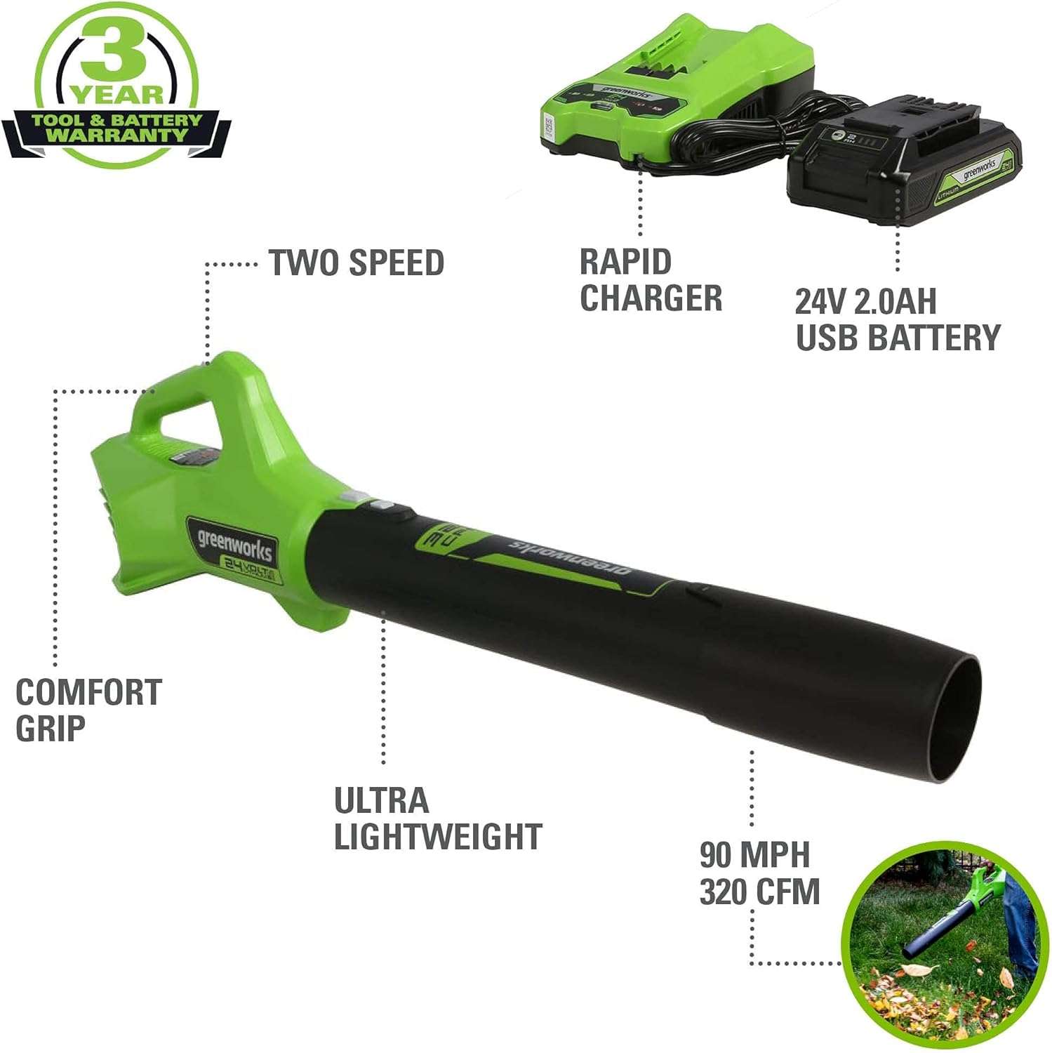 Greenworks 48V (2x24V) 20 Cordless Push Mower, 12 String Trimmer, 320 CFM Blower，10 Chainsaw，and 22 Hedge Trimmer Combo Kit - 3