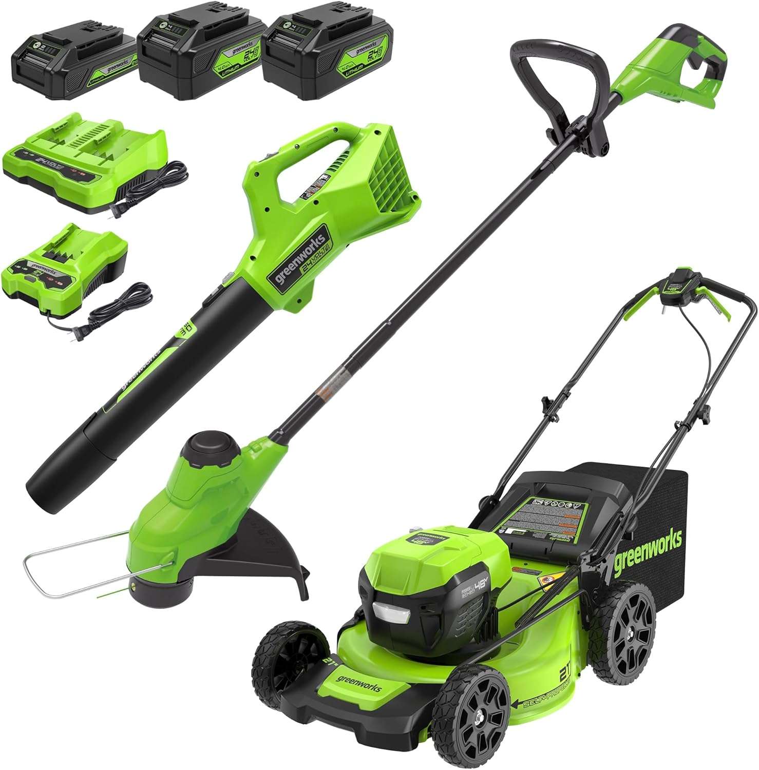 Greenworks 48V (2x24V) 21 Cordless Battery Self-Propelled Mower, 10 String Trimmer & 320 CFM Blower Combo Kit w- (2) 5.0Ah Batteries, (1) 2.0Ah Battery & Chargers - 1