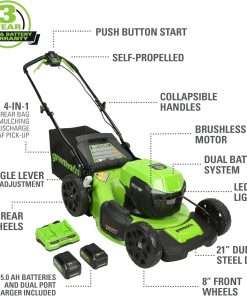 Greenworks 48V (2x24V) 21 Cordless Battery Self-Propelled Mower, 10 String Trimmer & 320 CFM Blower Combo Kit w- (2) 5.0Ah Batteries, (1) 2.0Ah Battery & Chargers - 2