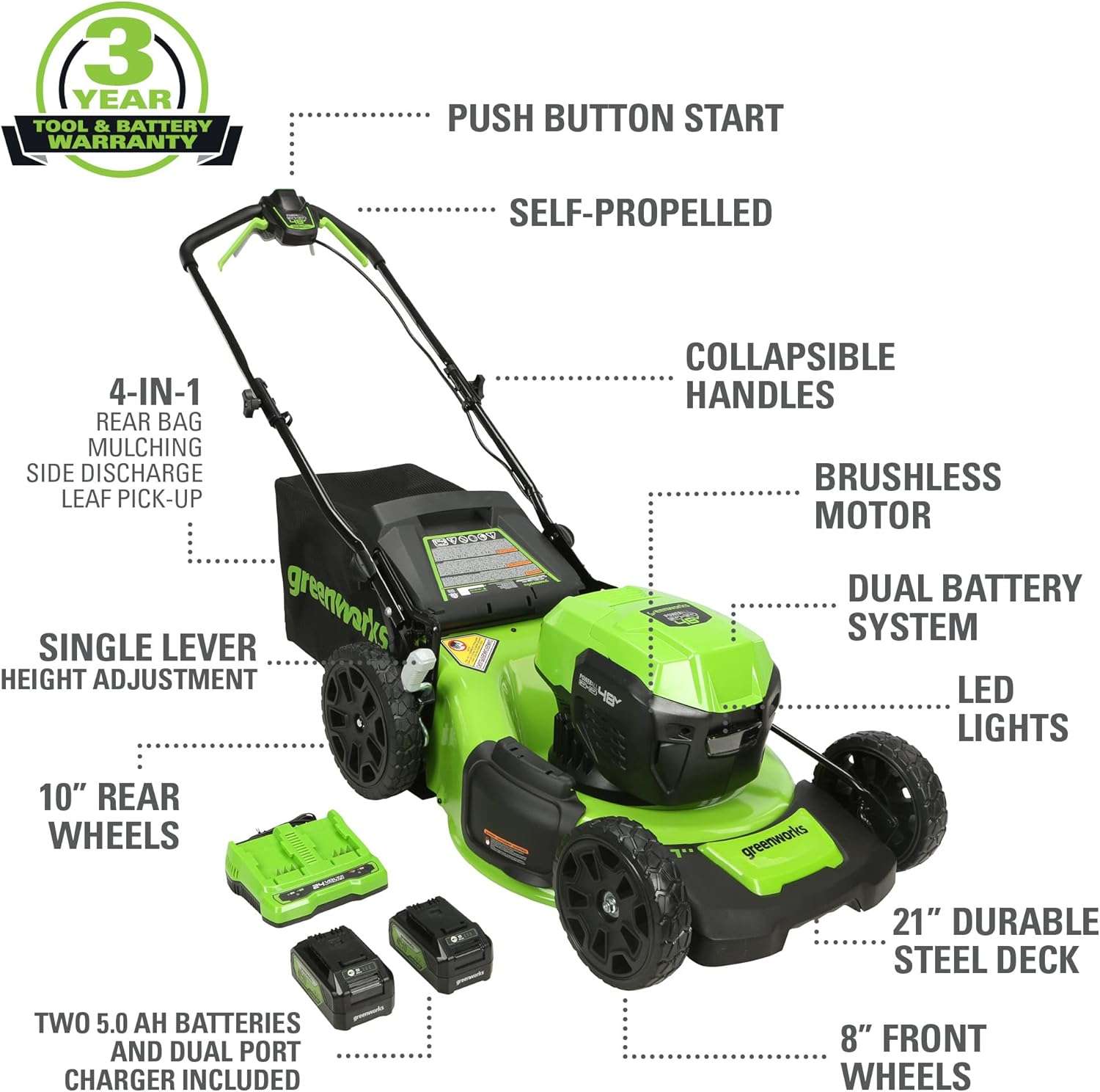 Greenworks 48V (2x24V) 21 Cordless Battery Self-Propelled Mower, 10 String Trimmer & 320 CFM Blower Combo Kit w- (2) 5.0Ah Batteries, (1) 2.0Ah Battery & Chargers - 2