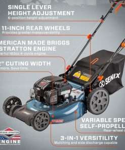 SENIX LSSG-H2 22-Inch Self Propelled Gas Lawn Mower with 163 cc 4-Cycle Engine, 3-in-1 Rear Wheel Drive Variable Speed Lawnmower, 6-Position Height Adjustment with 11-Inch Rear Wheels - 5