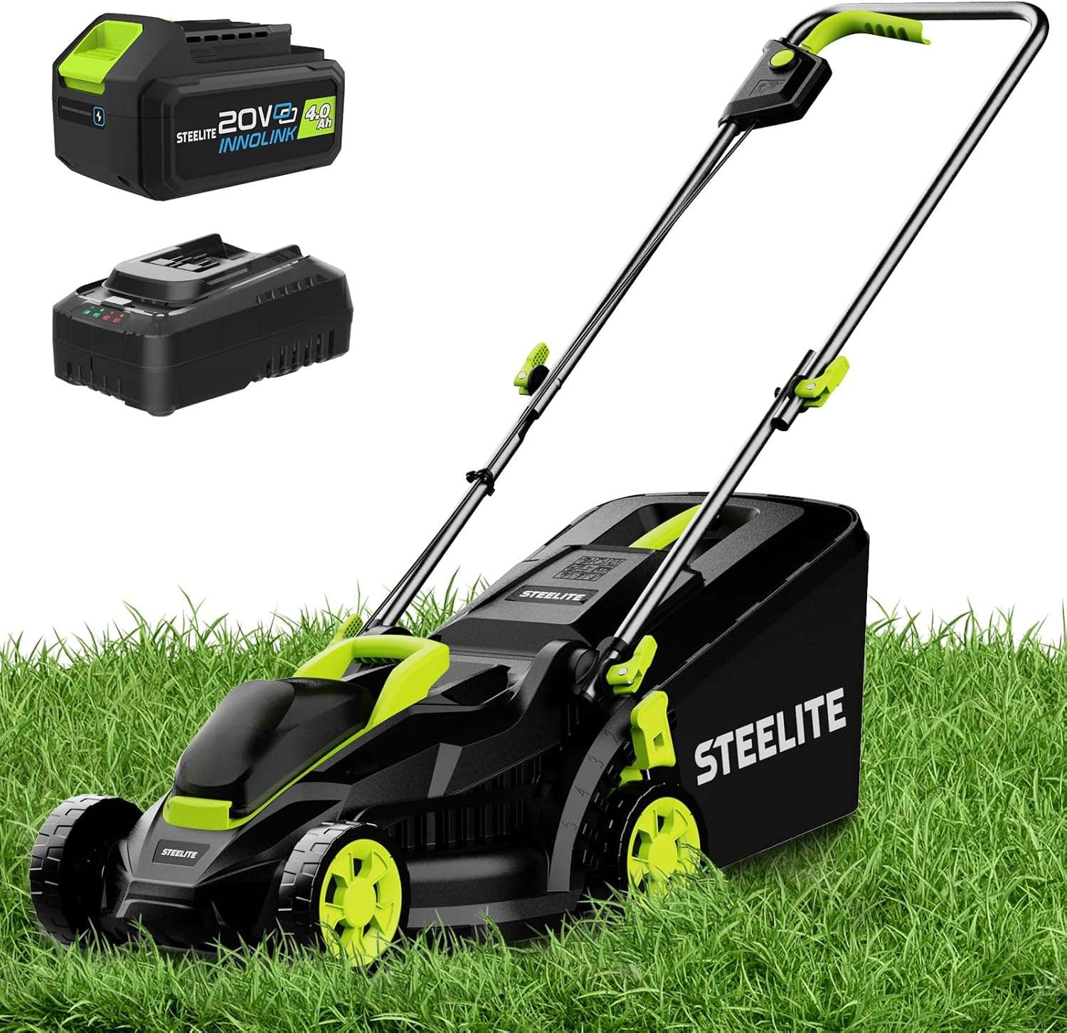 STEELITE 13-Inch Cordless Lawn Mower, 21V 4.0Ah Electric Mower with Brushless Motor, 5-Position Height Adjustment, Lightweight, 8-Gallon Grass Bag, Battery & Charger Included - 1