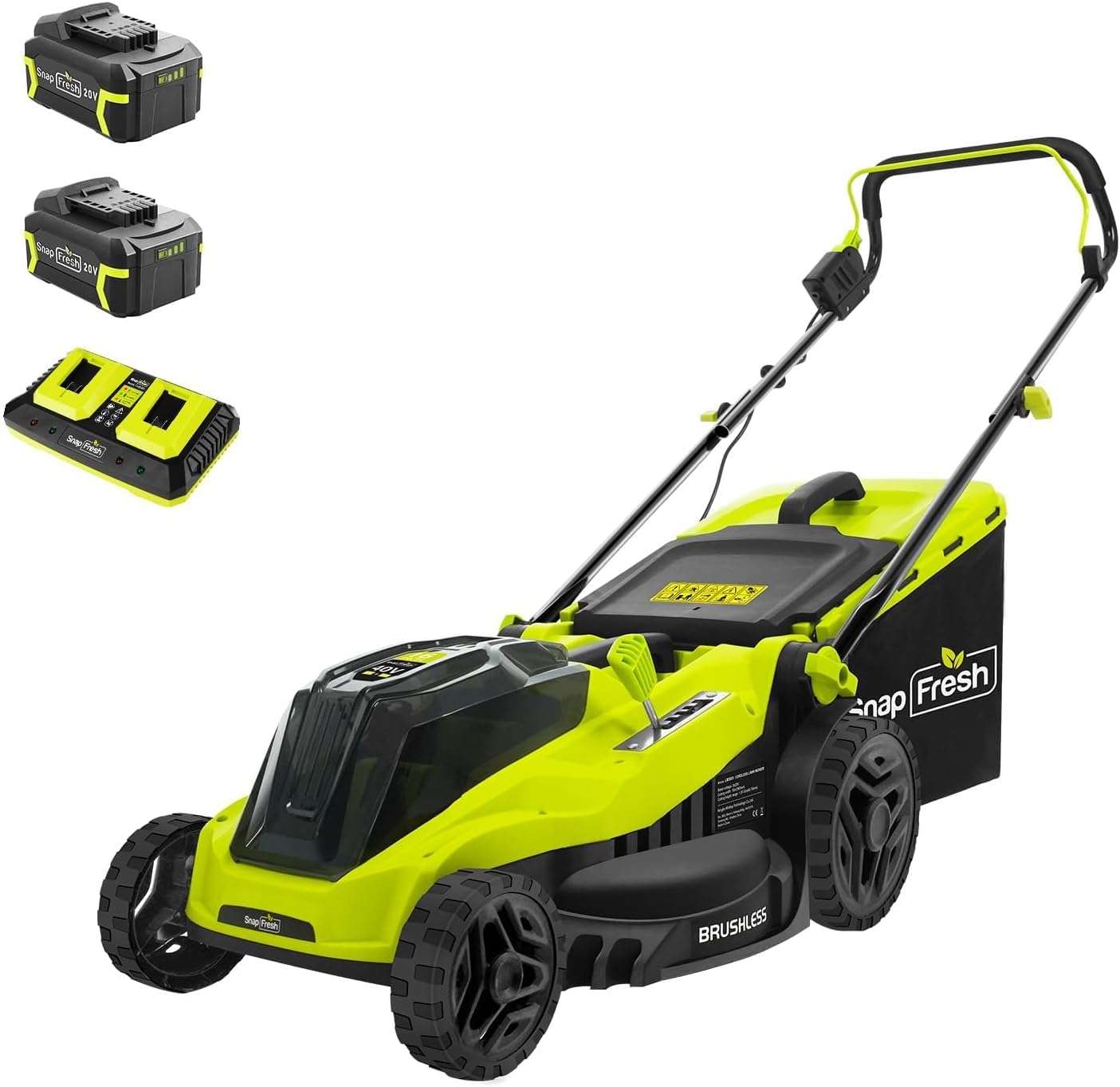 SnapFresh Electric Lawn Mower Cordless - 40V (2 x 20V) 16 Brushless Push Lawn Mower with 4.0Ah Battery x 2 and Fast Charger Included - Battery Operated Lawn Mower with Bagger - 1