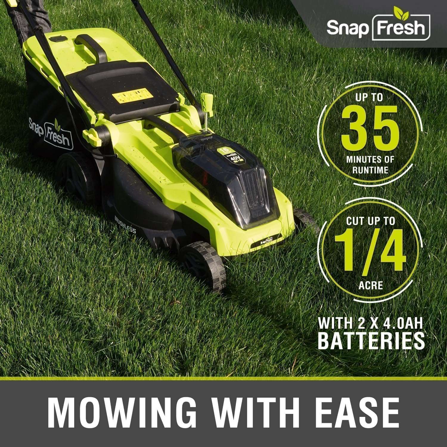 SnapFresh Electric Lawn Mower Cordless - 40V (2 x 20V) 16 Brushless Push Lawn Mower with 4.0Ah Battery x 2 and Fast Charger Included - Battery Operated Lawn Mower with Bagger - 3