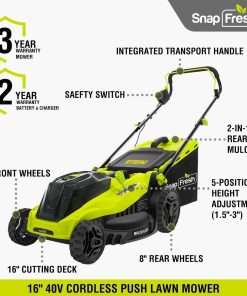 SnapFresh Electric Lawn Mower Cordless - 40V (2 x 20V) 16 Brushless Push Lawn Mower with 4.0Ah Battery x 2 and Fast Charger Included - Battery Operated Lawn Mower with Bagger - 9