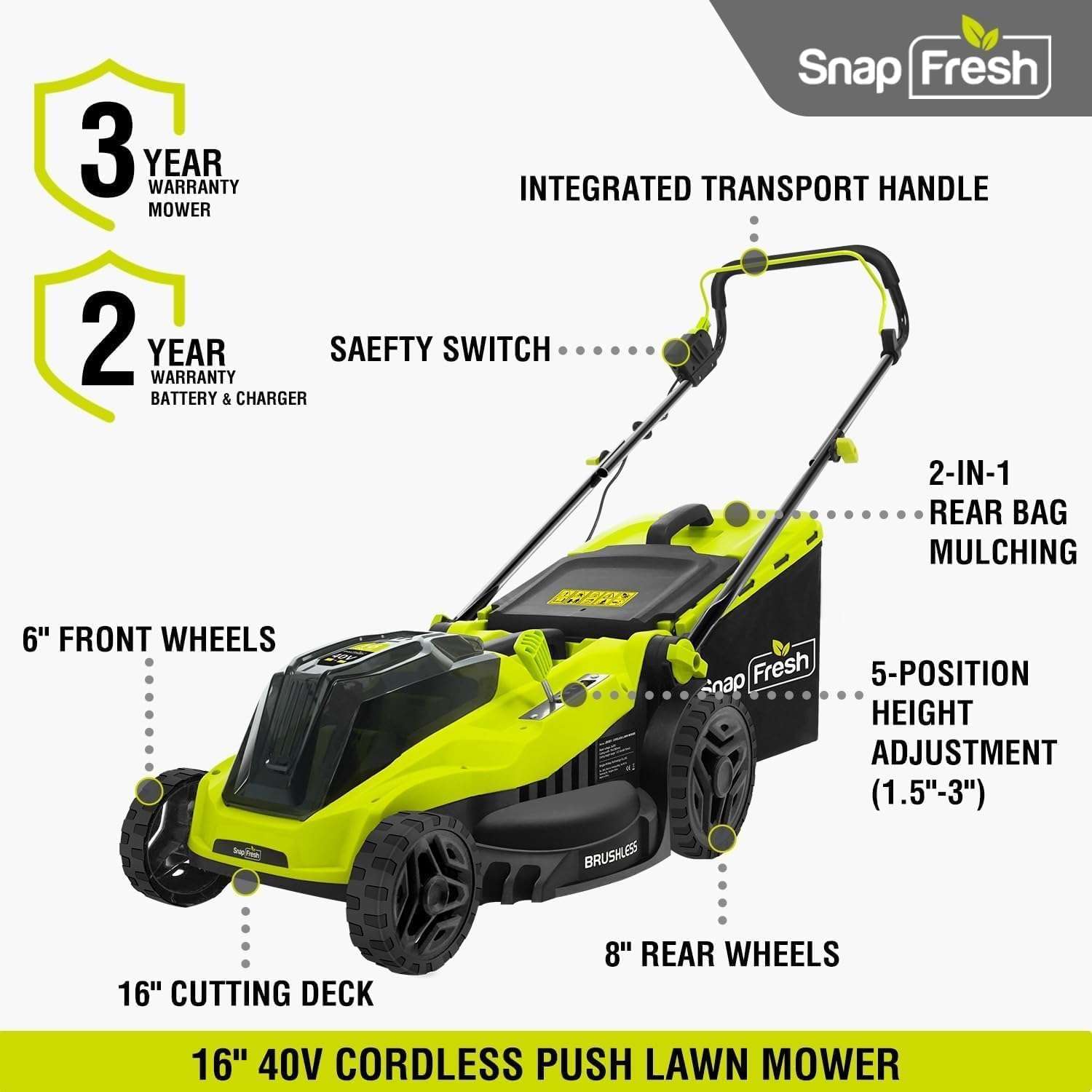 SnapFresh Electric Lawn Mower Cordless - 40V (2 x 20V) 16 Brushless Push Lawn Mower with 4.0Ah Battery x 2 and Fast Charger Included - Battery Operated Lawn Mower with Bagger - 9