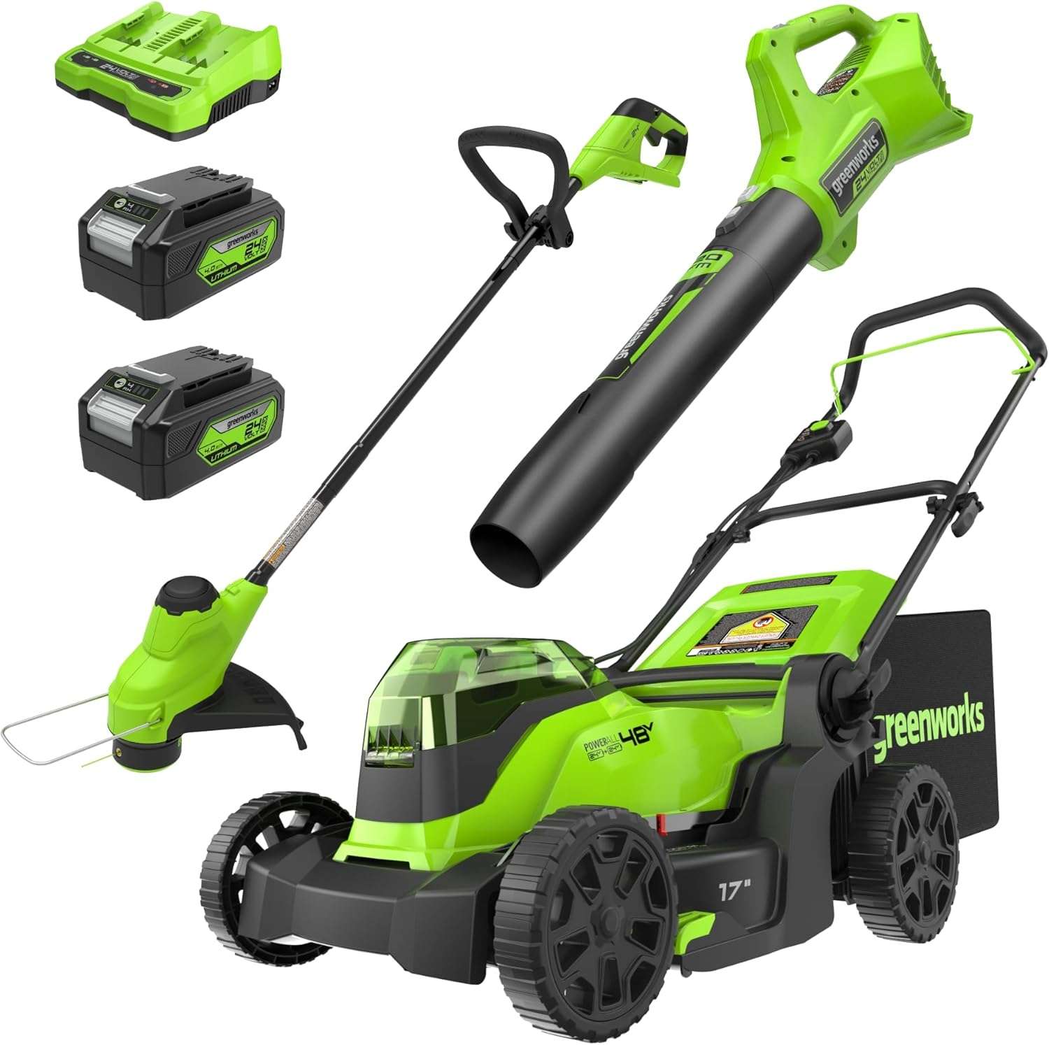 Greenworks 48V 17 Brushless Mower+12 String Trimmer +320CFM Blower, 4.0Ah Batteries and 2A Dual Port Charger - 1