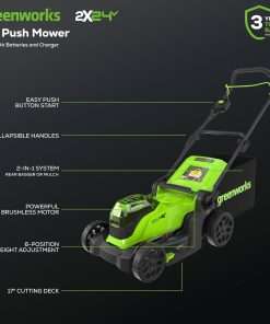 Greenworks 48V 17 Brushless Mower+12 String Trimmer +320CFM Blower, 4.0Ah Batteries and 2A Dual Port Charger - 2