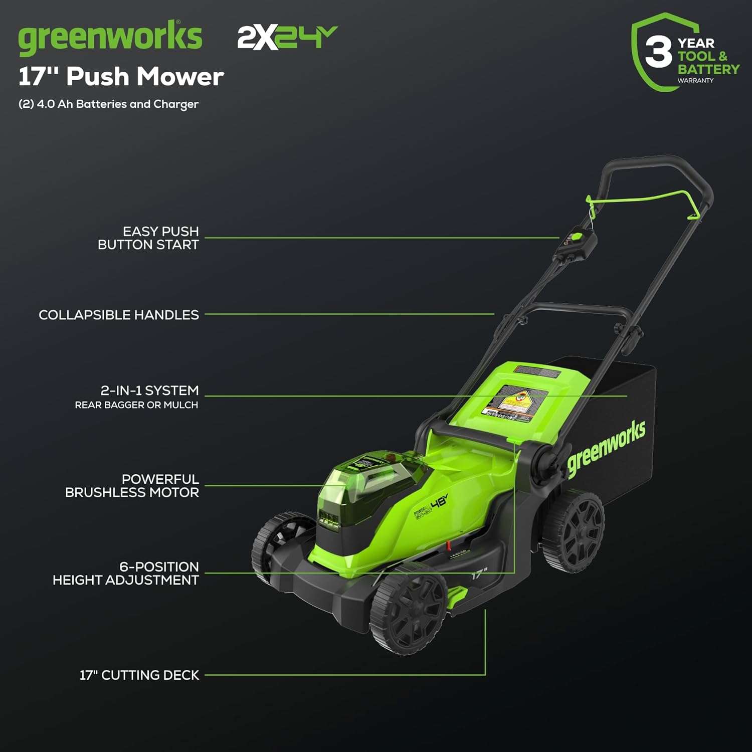 Greenworks 48V 17 Brushless Mower+12 String Trimmer +320CFM Blower, 4.0Ah Batteries and 2A Dual Port Charger - 2