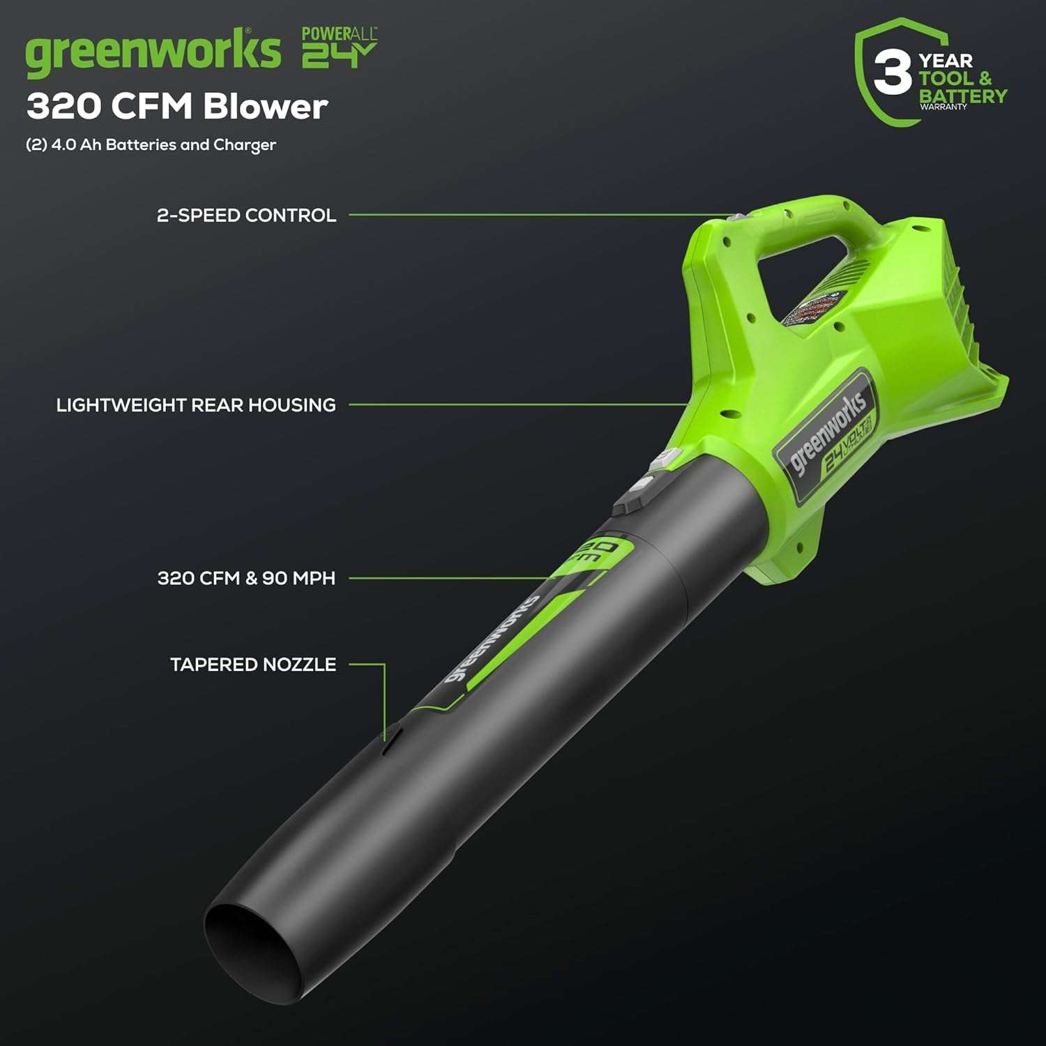 Greenworks 48V 17 Brushless Mower+12 String Trimmer +320CFM Blower, 4.0Ah Batteries and 2A Dual Port Charger - 3