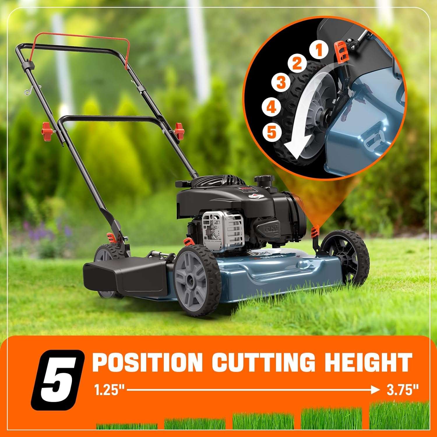 SENIX 20-Inch Gas Lawn Mower with 125 cc 4-Cycle Briggs & Stratton Engine, Side Discharge, 5-Position Single Wheel Height Adjustment - 8