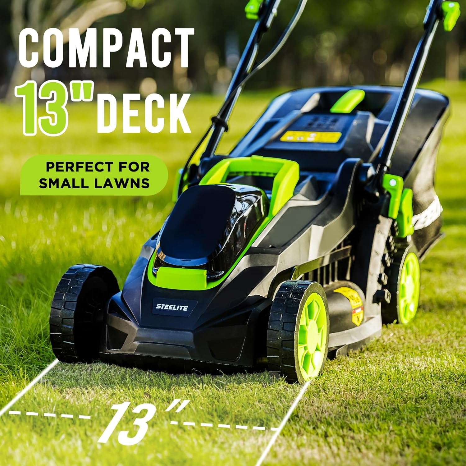 Steelite 13.2 Electric Lawn Mower for Small Yards - 2-in-1 Compact, Lightweight Brushless Motor, 21V 4.0Ah Battery & Charger Included, Green - 2