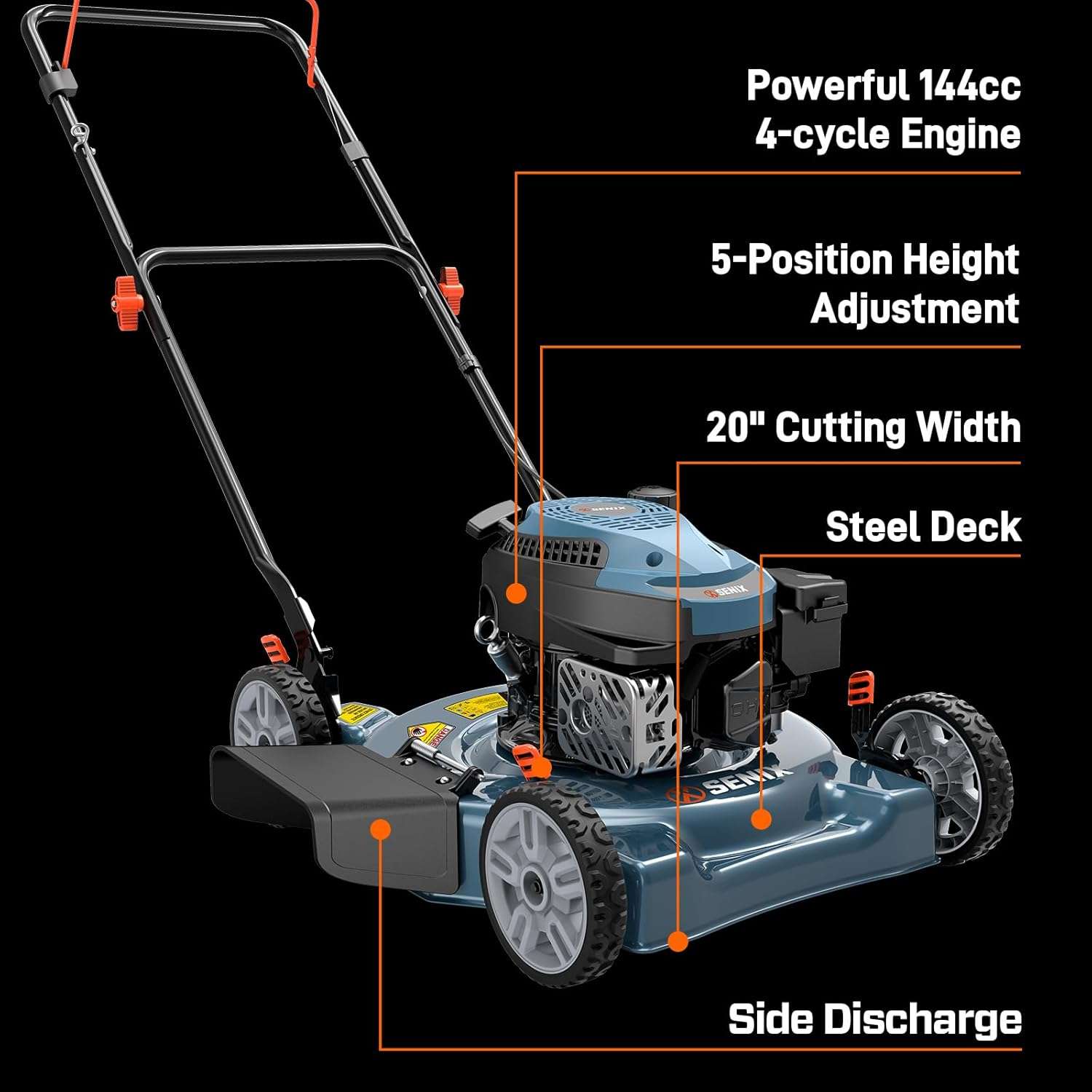 SENIX 144 cc Gas Lawn Mower, 20 inch 2-in-1 Push Mover with Mulching and Side Discharge, 4-Cycle Engine, 5 Position Cutting Height Adjustment for Lawn, Yard and Garden - 5