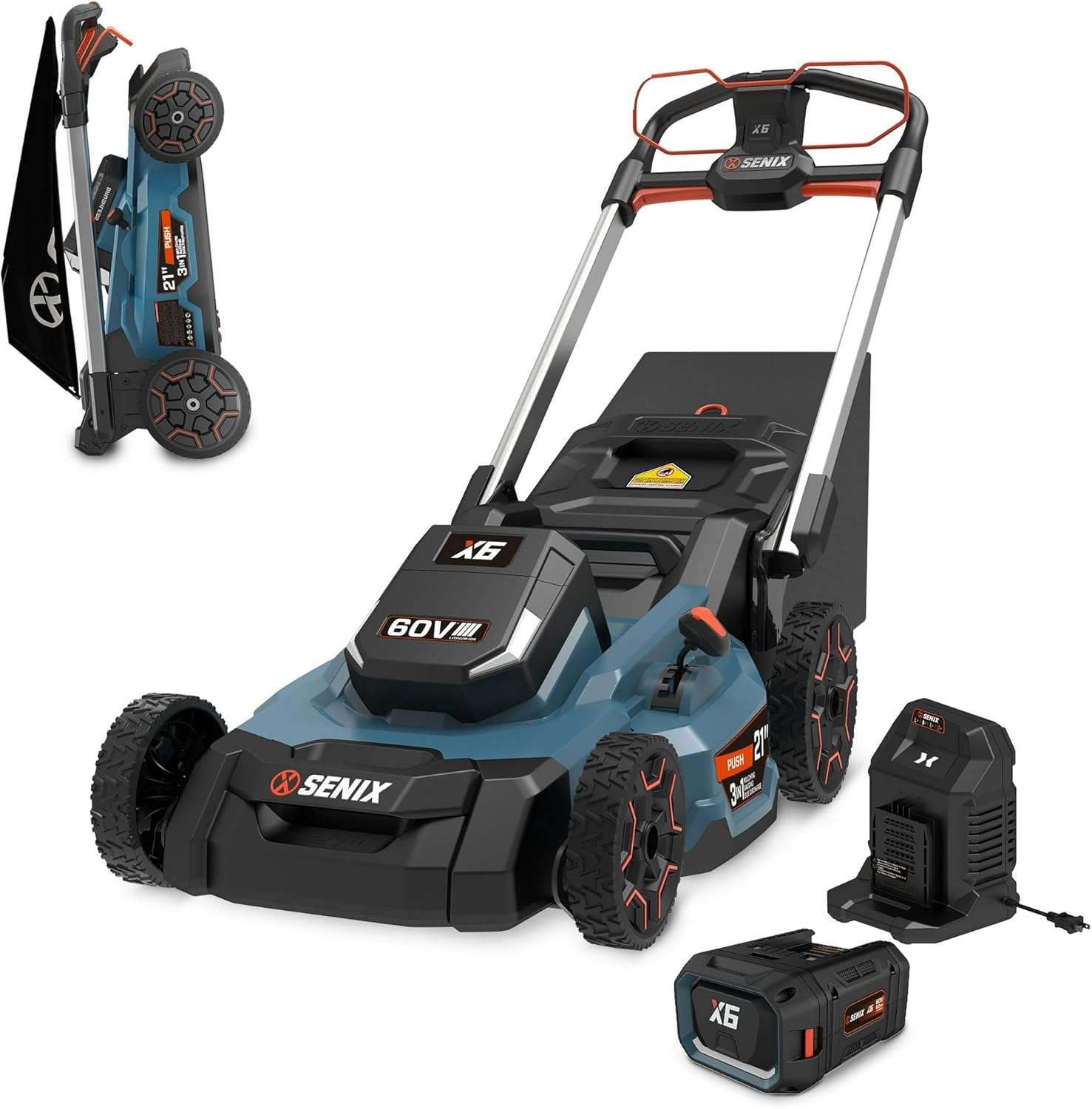 SENIX X6 60V 21-Inch 3-in-1 Cordless Lawn Mower with LED Light - 7 Height Adjustments, Smart Display, Bagging-Mulching-Side Discharge - 6Ah Li-ion Battery & Charger Included - 1