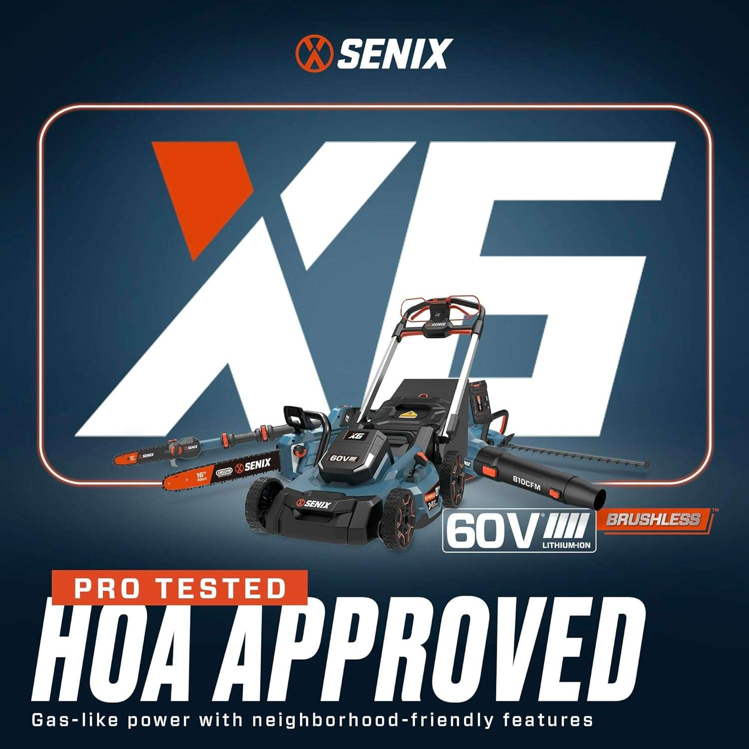 SENIX X6 60V 21-Inch 3-in-1 Cordless Lawn Mower with LED Light - 7 Height Adjustments, Smart Display, Bagging-Mulching-Side Discharge - 6Ah Li-ion Battery & Charger Included - 9