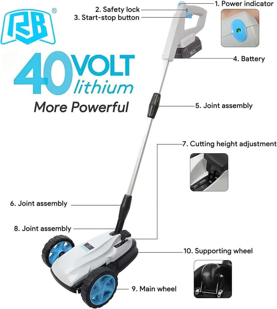 RB 9 Cordless Lawn Mower, 40V 2Ah Battery & Charger, Upright Storage, Brushless Motor 6000RPM, 3 Cutting Heights (1.2-2), One-Hand Steering, Detachable Handle, Safe Tilt 20°-70° for Small Yards - 9