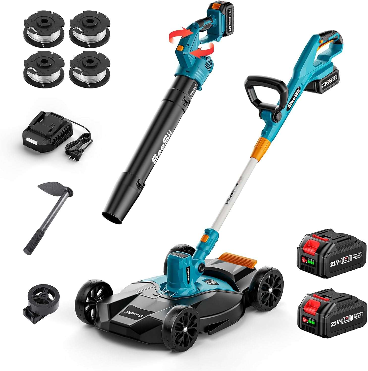 SEESII Electric 12 Lawn Mower and Leaf Blower Combo Kit, 3 in 1 Cordless Weed Wacker Grass Eater with 1.3-2.1 Height, Battery String Trimmer & Rotary Handheld Blower with 5-Speed for Yard Lawn - 1