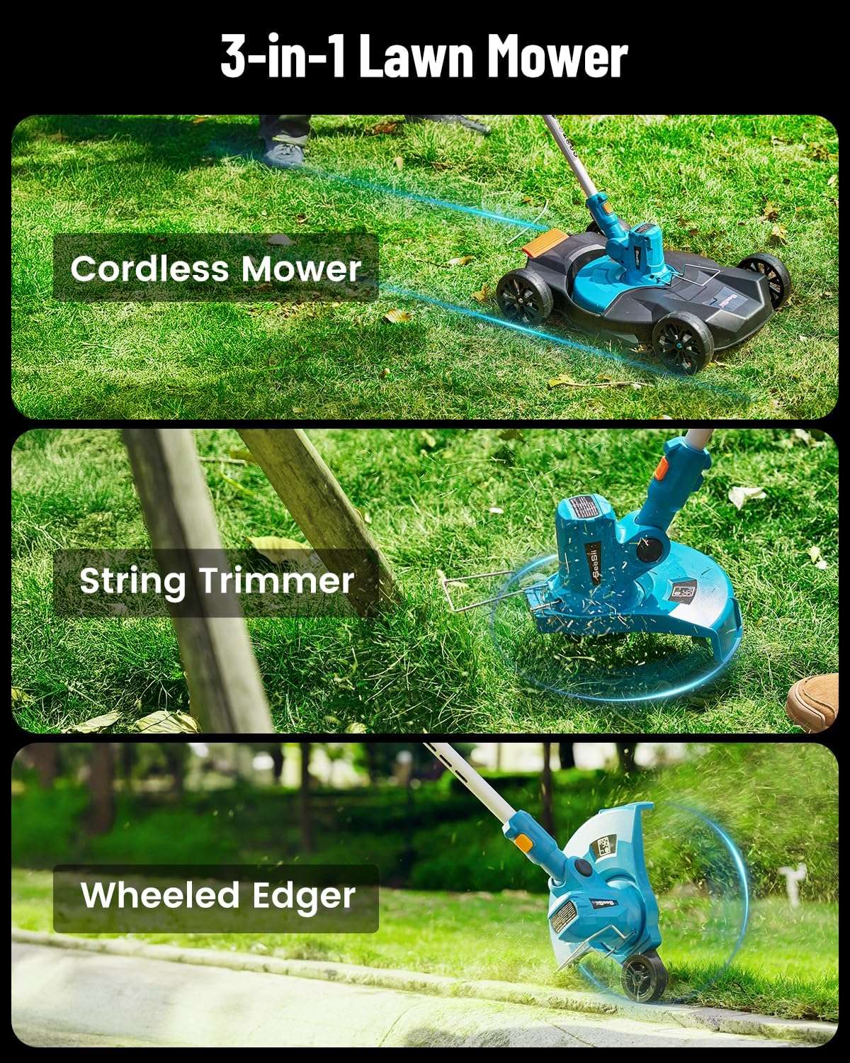 SEESII Electric 12 Lawn Mower and Leaf Blower Combo Kit, 3 in 1 Cordless Weed Wacker Grass Eater with 1.3-2.1 Height, Battery String Trimmer & Rotary Handheld Blower with 5-Speed for Yard Lawn - 3