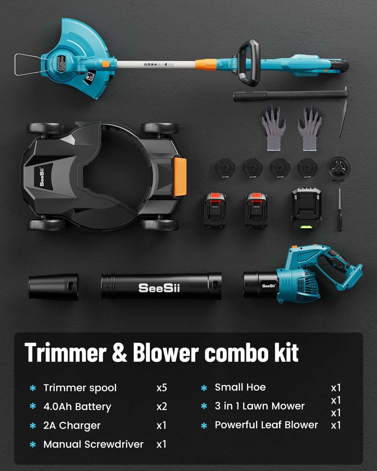 SEESII Electric 12 Lawn Mower and Leaf Blower Combo Kit, 3 in 1 Cordless Weed Wacker Grass Eater with 1.3-2.1 Height, Battery String Trimmer & Rotary Handheld Blower with 5-Speed for Yard Lawn - 7