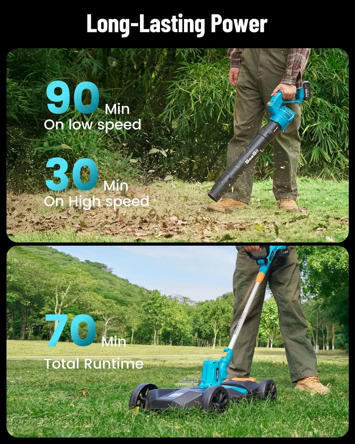 SEESII Electric 12 Lawn Mower and Leaf Blower Combo Kit, 3 in 1 Cordless Weed Wacker Grass Eater with 1.3-2.1 Height, Battery String Trimmer & Rotary Handheld Blower with 5-Speed for Yard Lawn - 8