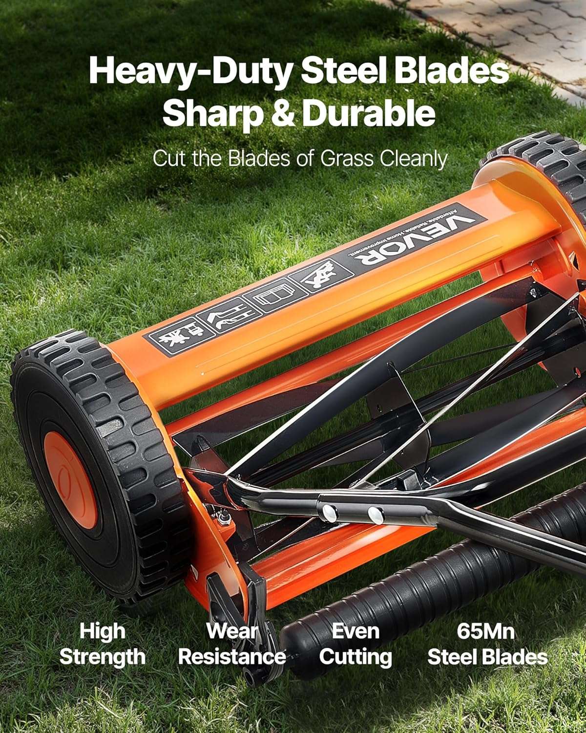 VEVOR Push Reel Lawn Mower 14 inch, 5 Blades Manual Push Mower No Motor, 0.6-1.75 in Adjustable Cutting Height, Walk-Behind Lawn Mowers with Grass Catcher Bag - 3