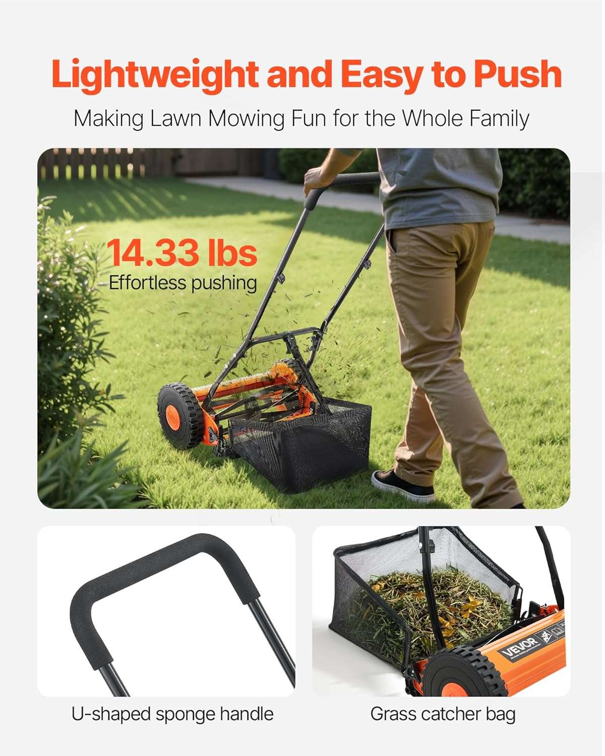 VEVOR Push Reel Lawn Mower 14 inch, 5 Blades Manual Push Mower No Motor, 0.6-1.75 in Adjustable Cutting Height, Walk-Behind Lawn Mowers with Grass Catcher Bag - 5
