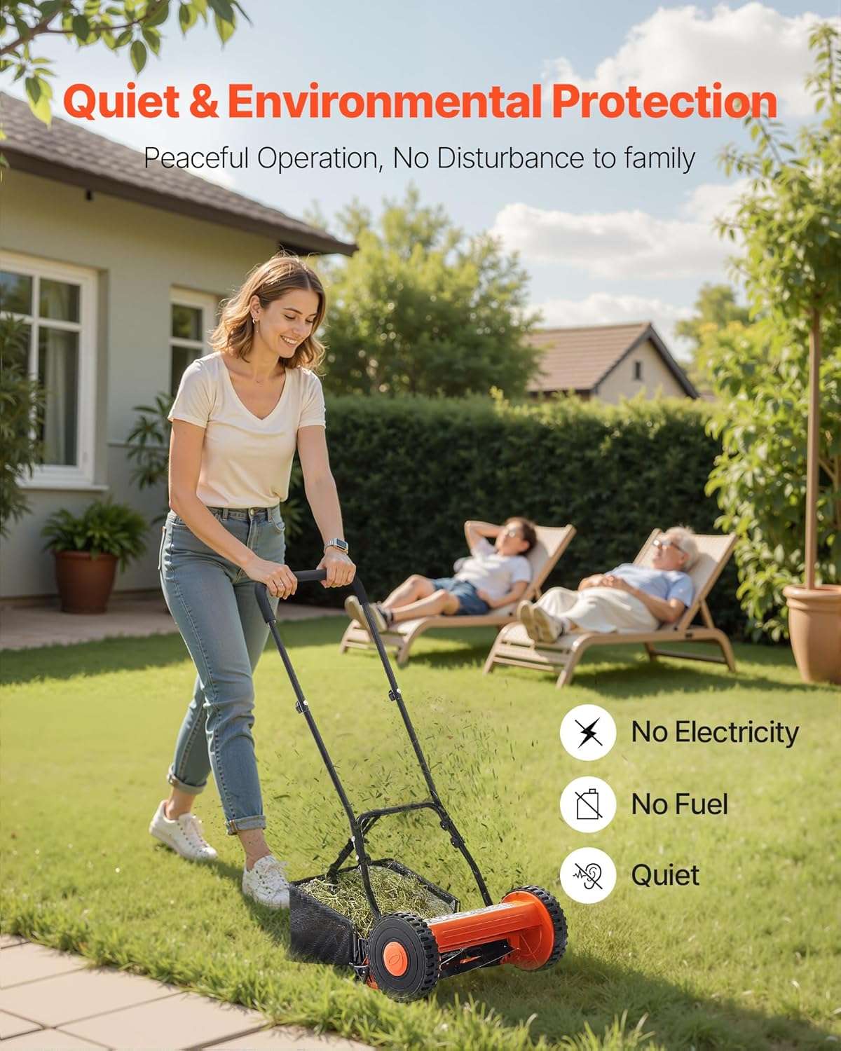 VEVOR Push Reel Lawn Mower 14 inch, 5 Blades Manual Push Mower No Motor, 0.6-1.75 in Adjustable Cutting Height, Walk-Behind Lawn Mowers with Grass Catcher Bag - 6