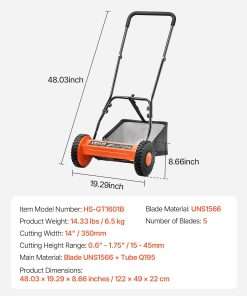 VEVOR Push Reel Lawn Mower 14 inch, 5 Blades Manual Push Mower No Motor, 0.6-1.75 in Adjustable Cutting Height, Walk-Behind Lawn Mowers with Grass Catcher Bag - 7