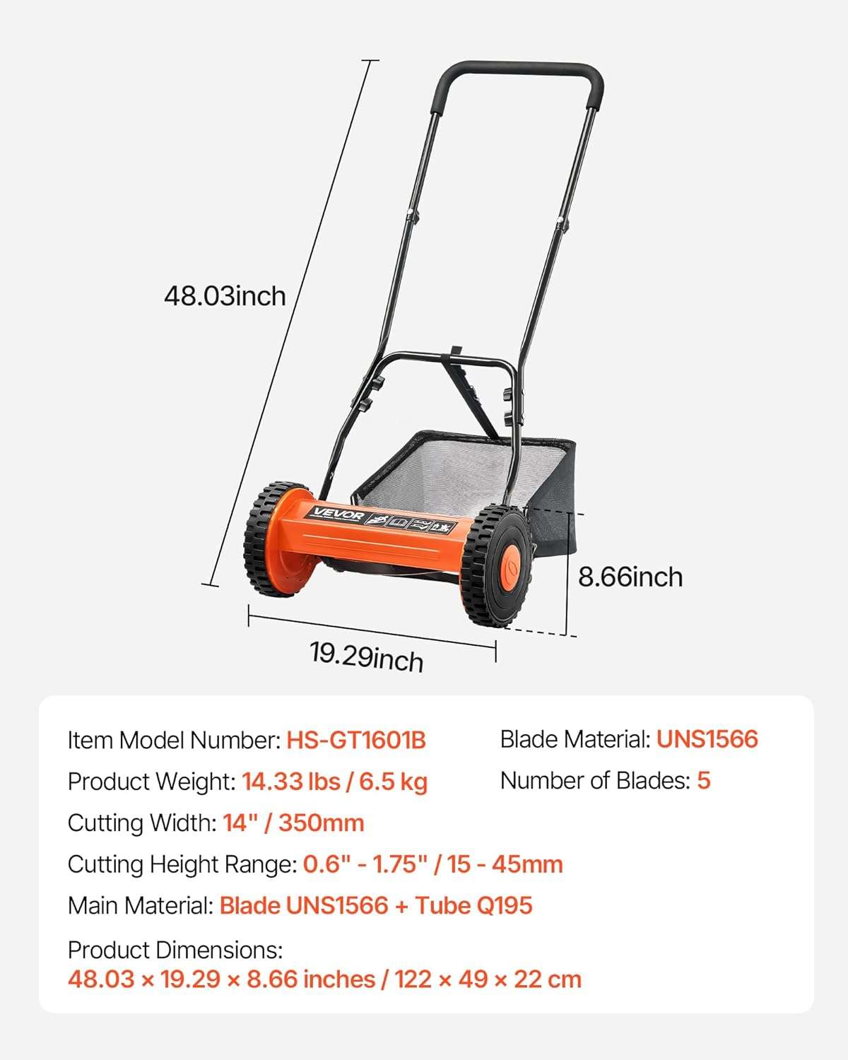VEVOR Push Reel Lawn Mower 14 inch, 5 Blades Manual Push Mower No Motor, 0.6-1.75 in Adjustable Cutting Height, Walk-Behind Lawn Mowers with Grass Catcher Bag - 7