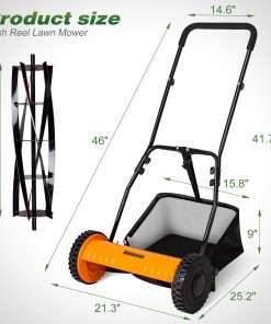Walensee 16-Inch 5-Blade Push Reel Lawn Mower, Cordless Manual Reel Lawn Mower Walk-Behind Steel Lawn Mowers with Removable 7.9-Gallon Grass Catcher - 2