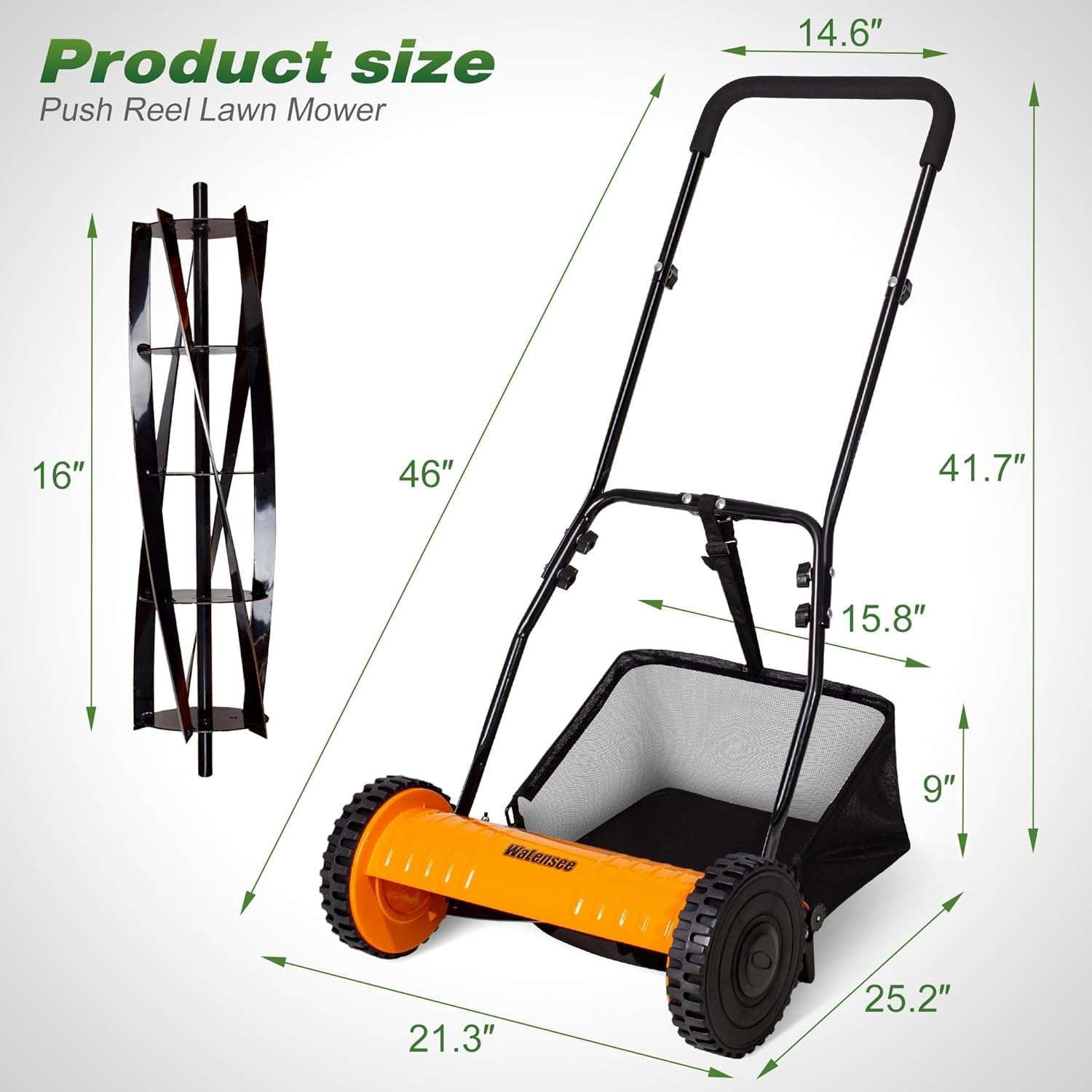 Walensee 16-Inch 5-Blade Push Reel Lawn Mower, Cordless Manual Reel Lawn Mower Walk-Behind Steel Lawn Mowers with Removable 7.9-Gallon Grass Catcher - 2