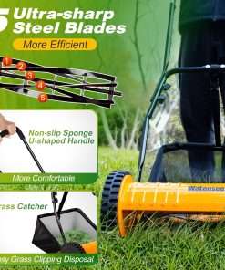 Walensee 16-Inch 5-Blade Push Reel Lawn Mower, Cordless Manual Reel Lawn Mower Walk-Behind Steel Lawn Mowers with Removable 7.9-Gallon Grass Catcher - 4