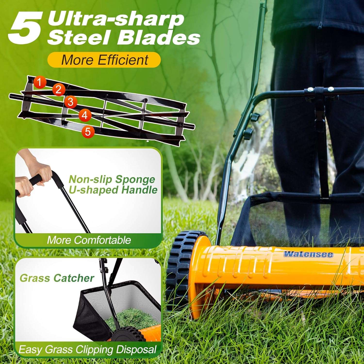 Walensee 16-Inch 5-Blade Push Reel Lawn Mower, Cordless Manual Reel Lawn Mower Walk-Behind Steel Lawn Mowers with Removable 7.9-Gallon Grass Catcher - 4