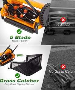 Walensee 16-Inch 5-Blade Push Reel Lawn Mower, Cordless Manual Reel Lawn Mower Walk-Behind Steel Lawn Mowers with Removable 7.9-Gallon Grass Catcher - 5