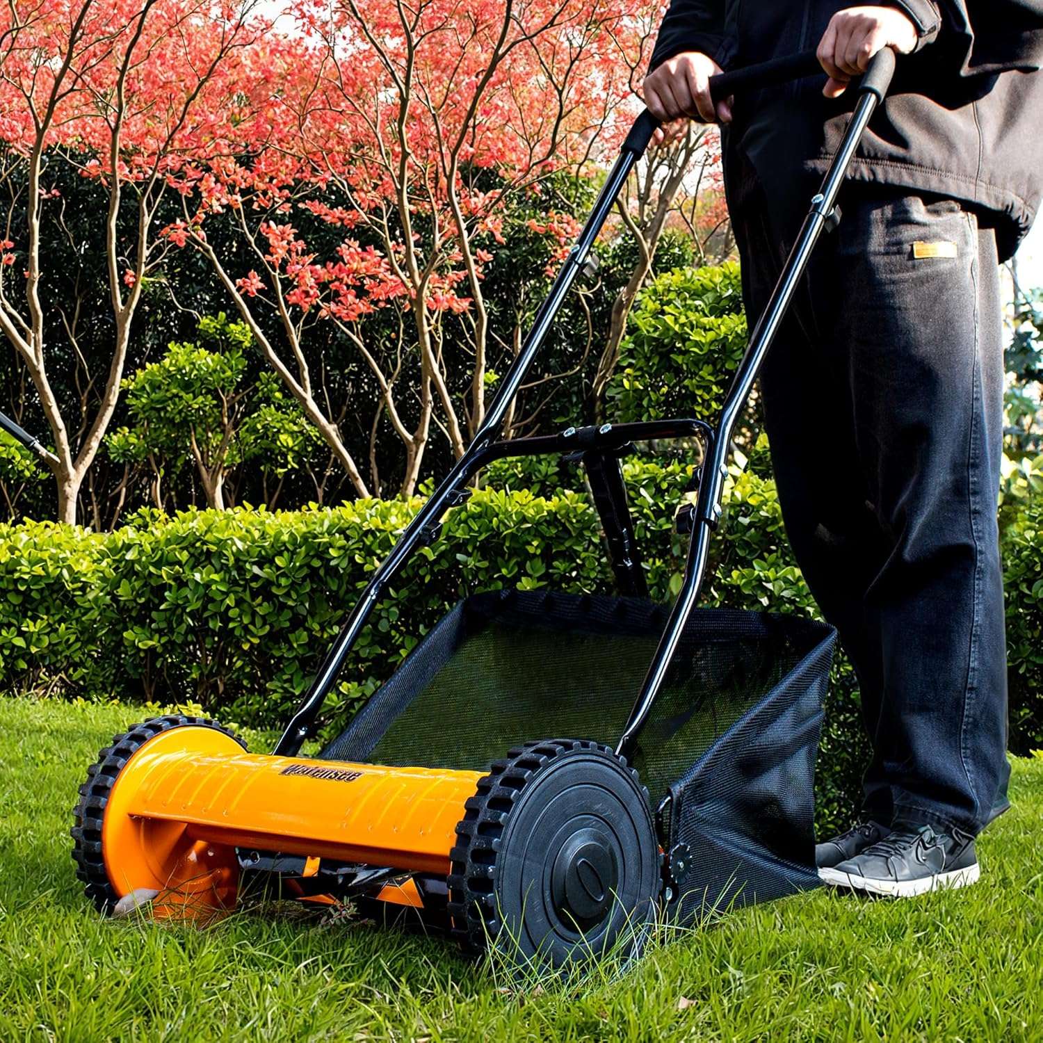 Walensee 16-Inch 5-Blade Push Reel Lawn Mower, Cordless Manual Reel Lawn Mower Walk-Behind Steel Lawn Mowers with Removable 7.9-Gallon Grass Catcher - 7