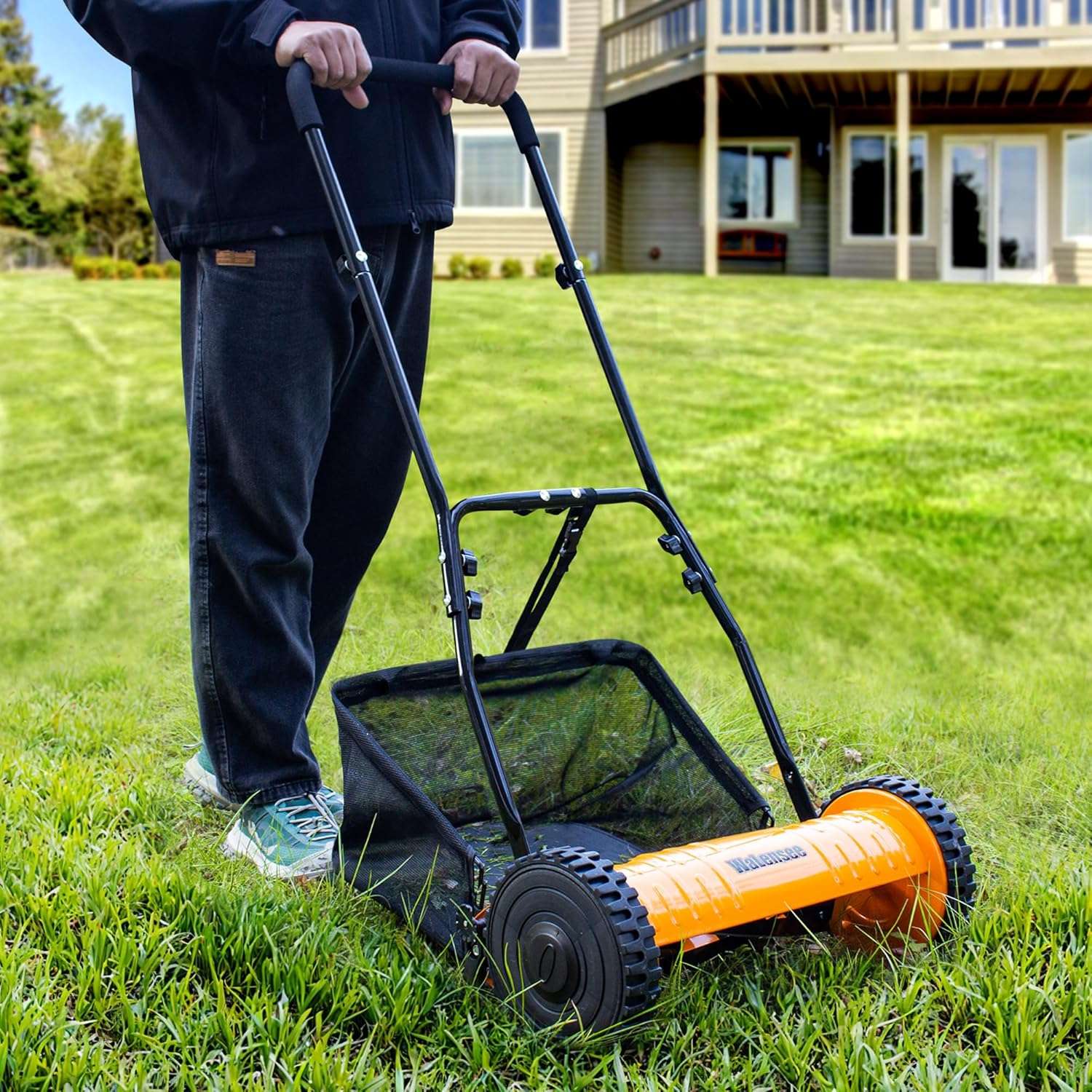 Walensee 16-Inch 5-Blade Push Reel Lawn Mower, Cordless Manual Reel Lawn Mower Walk-Behind Steel Lawn Mowers with Removable 7.9-Gallon Grass Catcher - 9