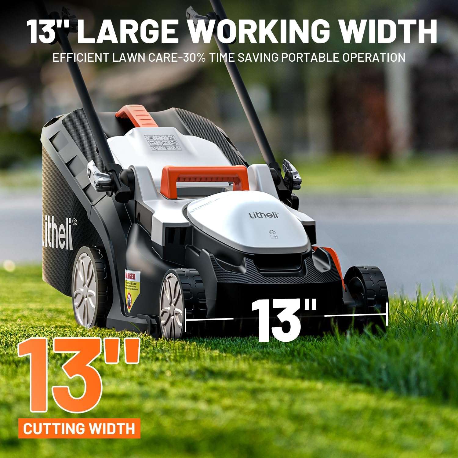 Litheli Electric Lawn Mower Cordless,Grass Cutter Machine for 1300 Sq.Ft.Lawnmower with Motor,13 in Cutting Width,8 Gallon Capacity,Cutting Height from 1 to 2.5 in - 2