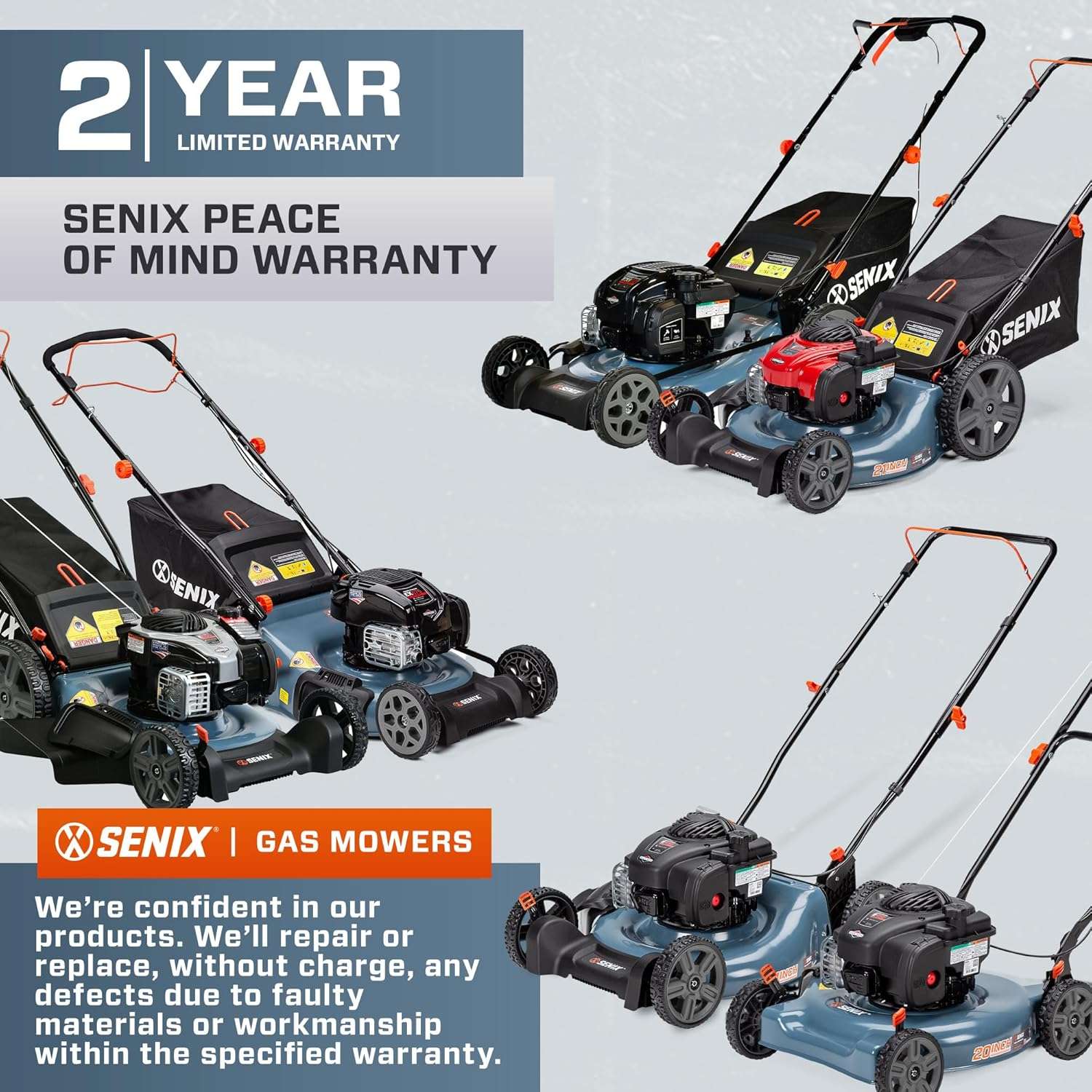 SENIX 21-Inch Gas Push Lawn Mower with 140 cc 4-Cycle Briggs & Stratton Engine, Mulching and Side Discharge, 6-Position Dual Lever Height Adjustment - 7