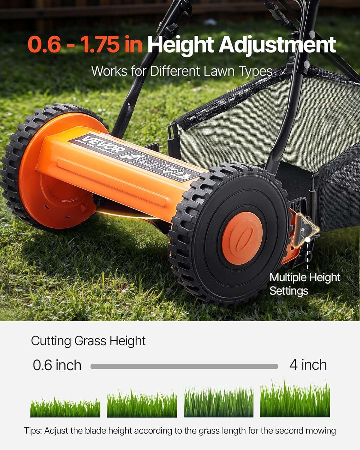 VEVOR Push Reel Lawn Mower 16 inch, 5 Blades Manual Push Mower No Motor, 0.6-1.75 in Adjustable Cutting Height, Walk-Behind Lawn Mowers with Grass Catcher Bag for Green Lawns - 4
