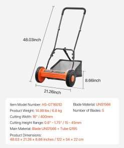 VEVOR Push Reel Lawn Mower 16 inch, 5 Blades Manual Push Mower No Motor, 0.6-1.75 in Adjustable Cutting Height, Walk-Behind Lawn Mowers with Grass Catcher Bag for Green Lawns - 7