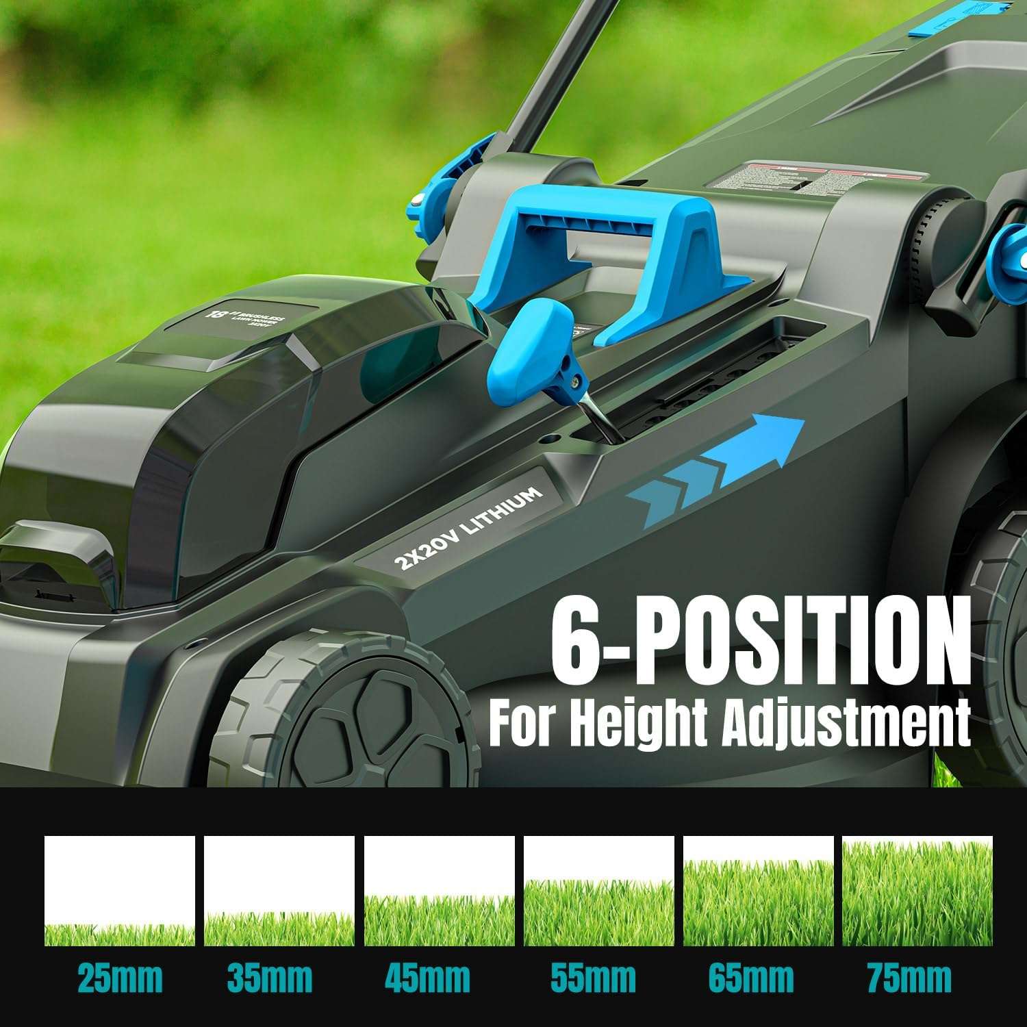 2x20V 18 inch Electric Lawn Mower Cordless, Brushless Push Lawn Mower with 6-Position Cutting Height Adjustment, 2x4.0Ah Battery & Dual Charger Included - Image 6