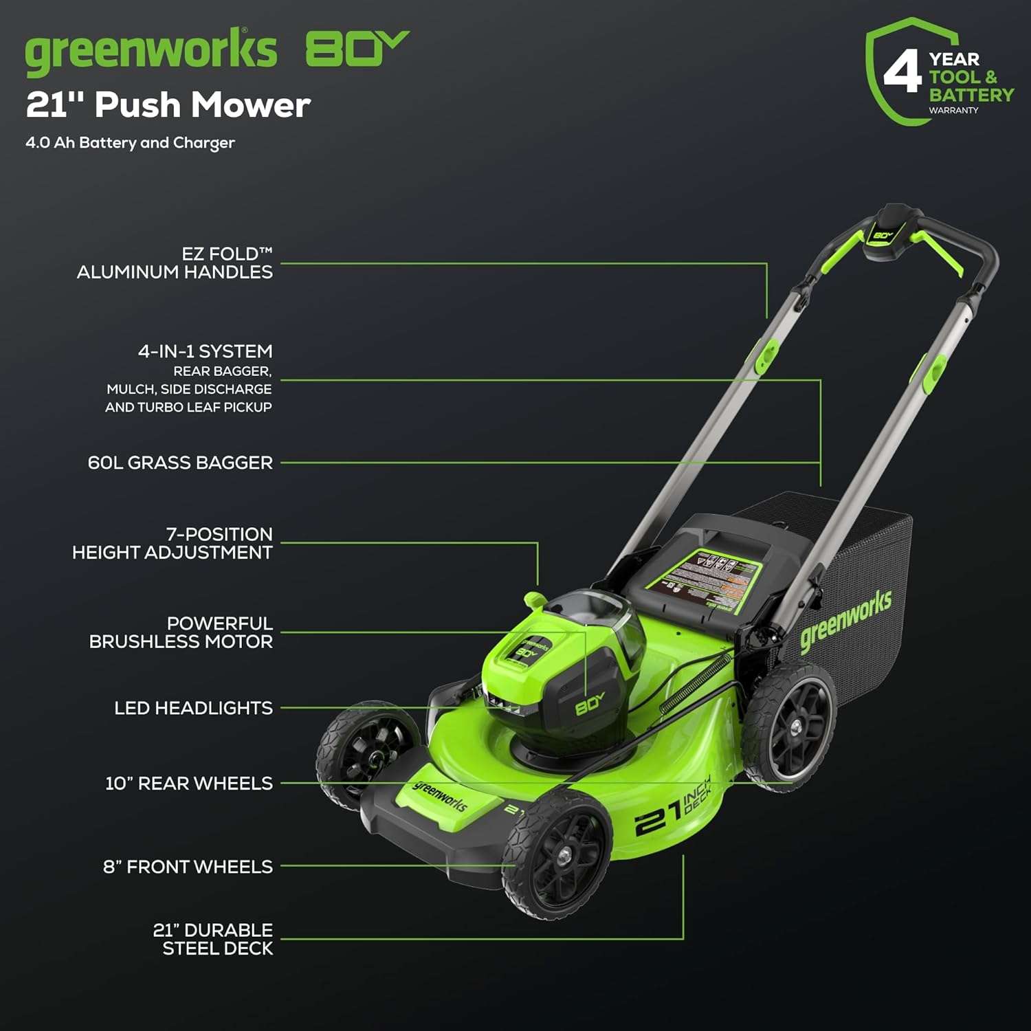Greenworks 80V 21 Brushless Cordless (Push) Lawn Mower, 4.0Ah Battery and Rapid Charger Included - 2