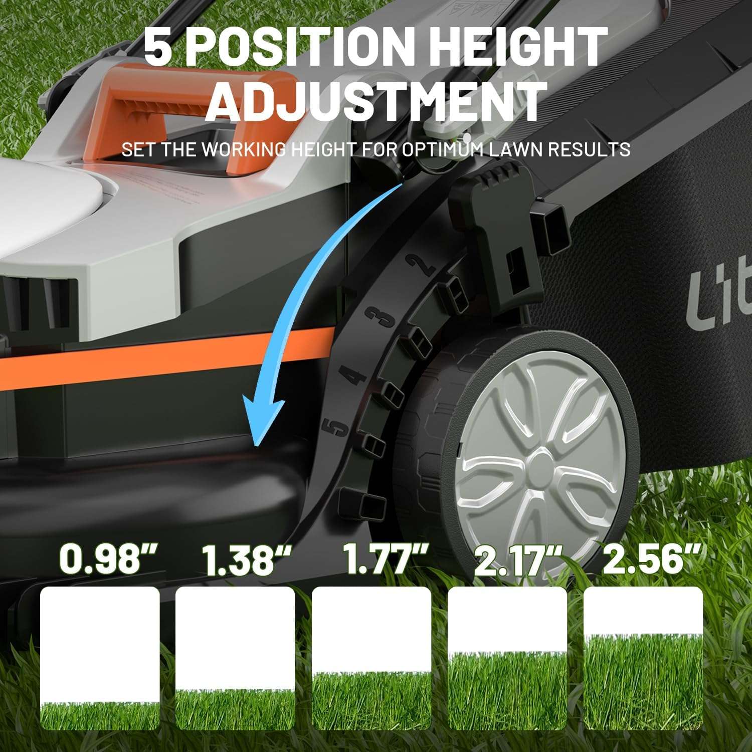 Litheli Electric Lawn Mower Cordless,Grass Cutter Machine for 1300 Sq.Ft.Lawnmower with Motor,13.2 in Cutting Width,8 Gallon Capacity,Cutting Height from 1 to 2.5 in with 4.0A Battery - 3