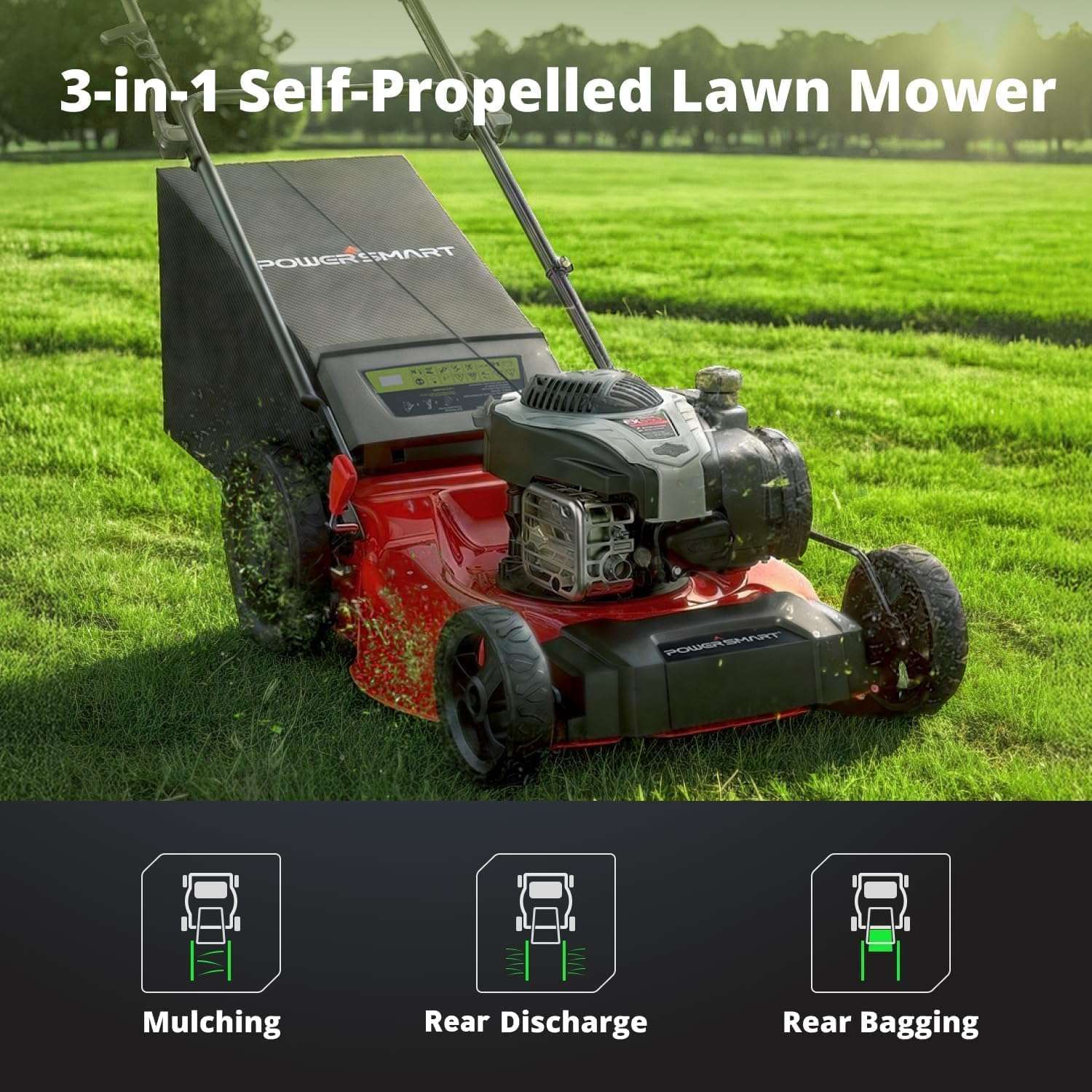 PowerSmart Gas Lawn Mower, 21-Inch Self-Propelled Mower with B&S 140cc Engine, Steel Deck, 3-in-1 Bag-Mulch-Rear Discharge, 6 Height Positions, 10” Rear Wheels - 5