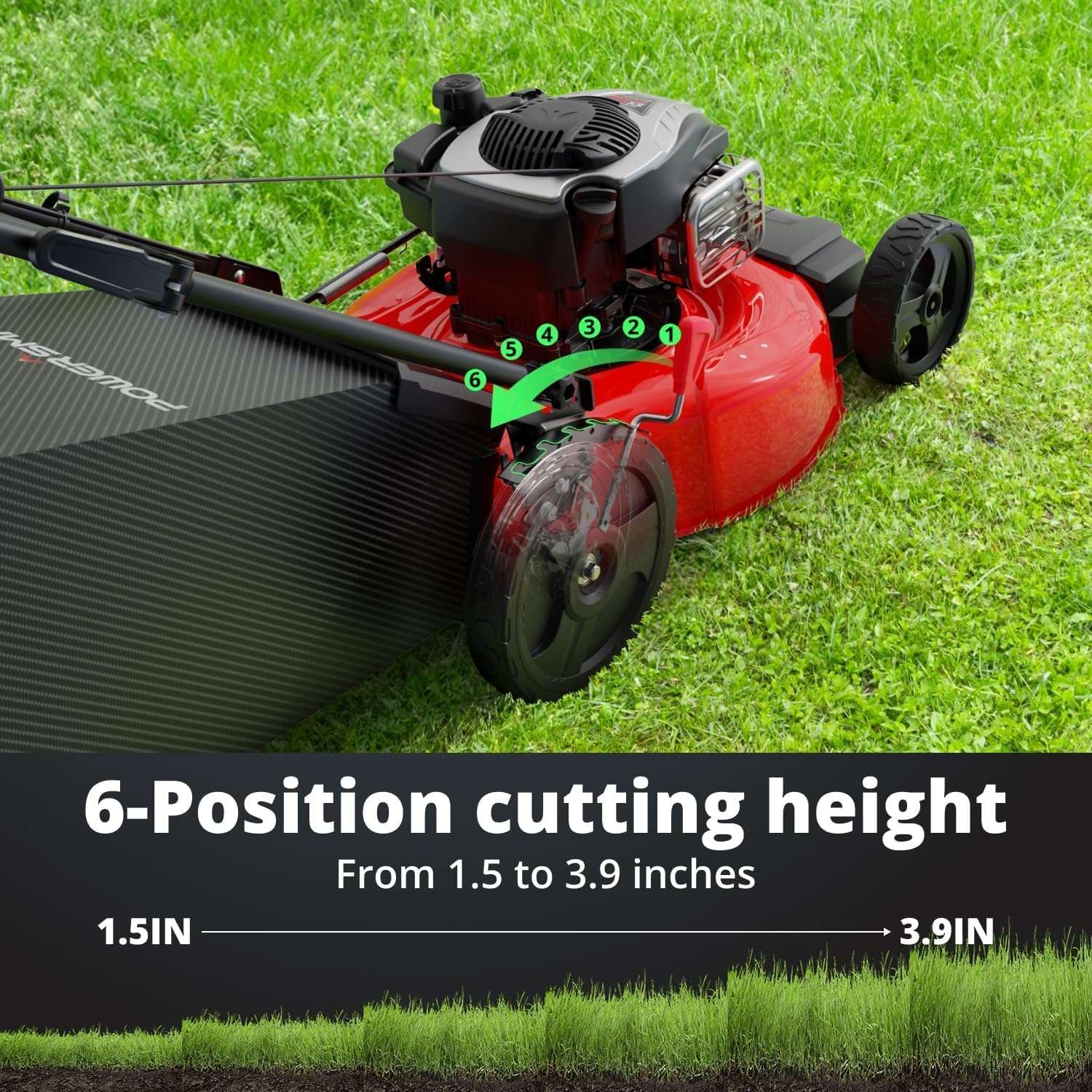 PowerSmart Gas Lawn Mower, 21-Inch Self-Propelled Mower with B&S 140cc Engine, Steel Deck, 3-in-1 Bag-Mulch-Rear Discharge, 6 Height Positions, 10” Rear Wheels - 6