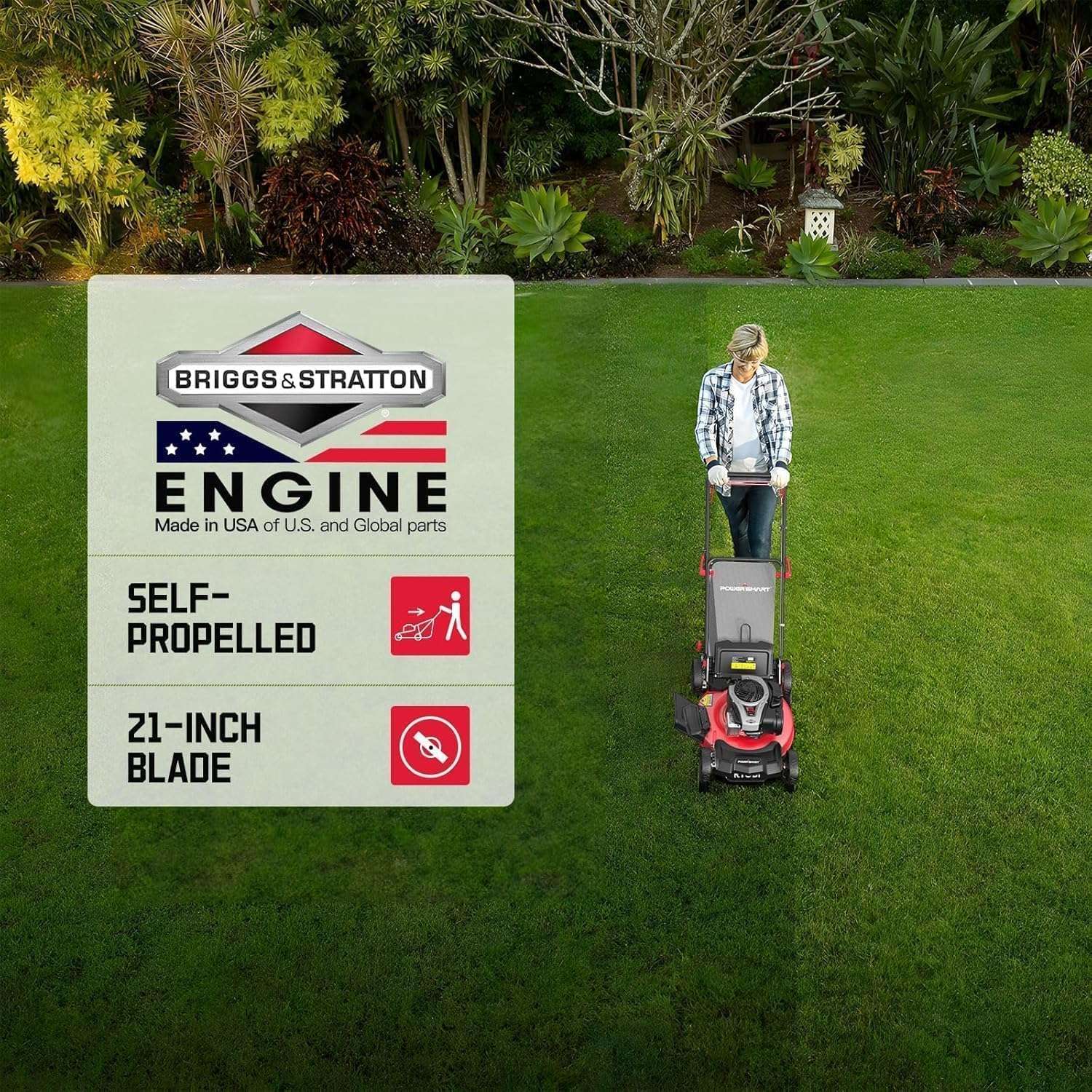 PowerSmart Gas Lawn Mower, 21-Inch Self-Propelled Mower with B&S 140cc Engine, Steel Deck, 3-in-1 Bag-Mulch-Rear Discharge, 6 Height Positions, 10” Rear Wheels - 7