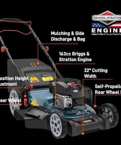 SENIX 22 Gas Lawn Mower, 163cc Self Propelled Gas Powered Lawnmower with B&S 4-Cycle Engine, 3-in-1 Walk-Behind Push Lawn Mowers, 6-Position Height Adjustment, cortadora de pasto, LSSG-H1 - 2