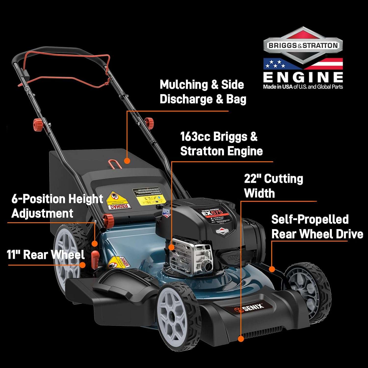 SENIX 22 Gas Lawn Mower, 163cc Self Propelled Gas Powered Lawnmower with B&S 4-Cycle Engine, 3-in-1 Walk-Behind Push Lawn Mowers, 6-Position Height Adjustment, cortadora de pasto, LSSG-H1 - 2