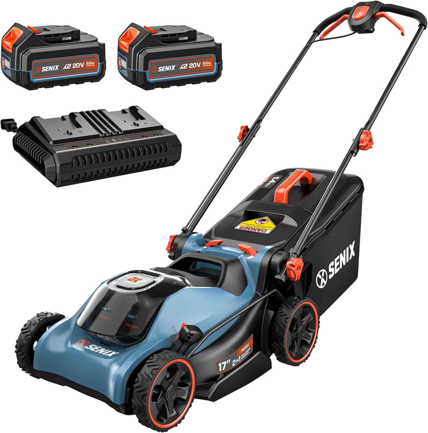 SENIX 40V 17 Electric Lawn Mower, Battery Powered Cordless Lawnmower, 2-in-1 Brushless Walk-Behind Push Mowers, 6 Heights Adjustment, cortadora de pasto, Includes 2x5Ah Batteries & Charger - 1